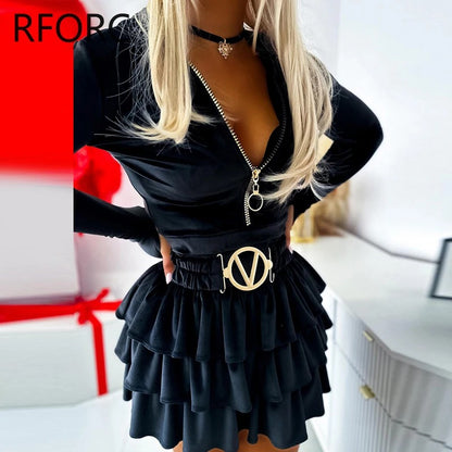 ✨ Elegant Ruffled Mini Dress – Zip-Up & Belted Chic