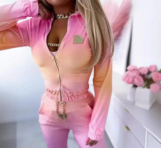 ✨ Ombre Gradient 3-Piece Tracksuit – Jacket, Joggers & Crop Top