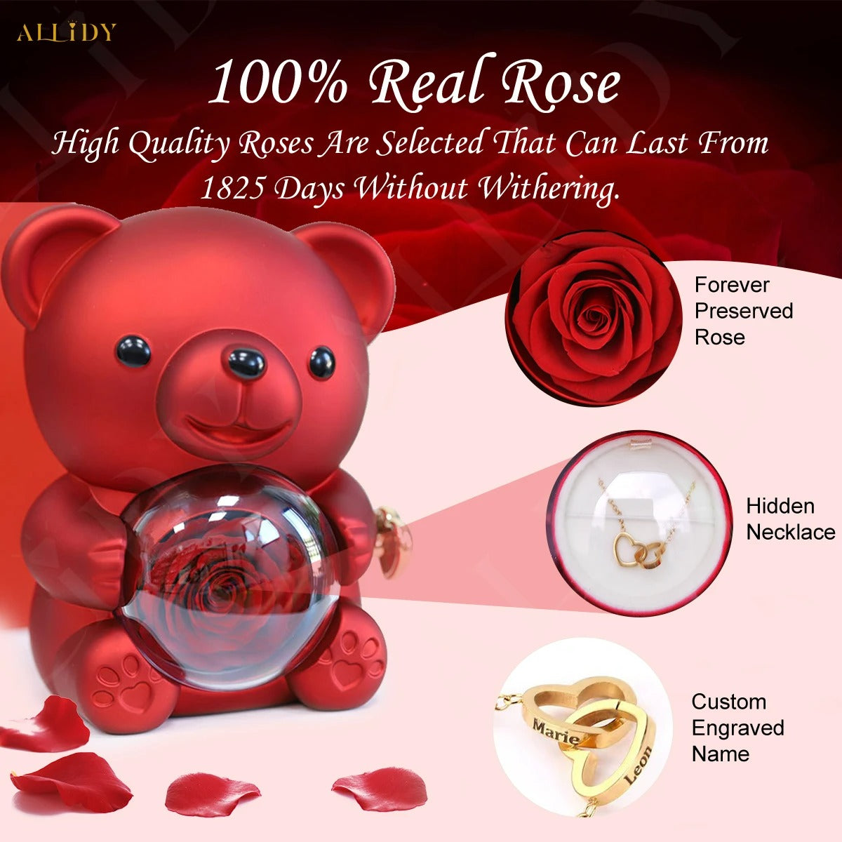 Forever Rose Bear / Engraved Necklace