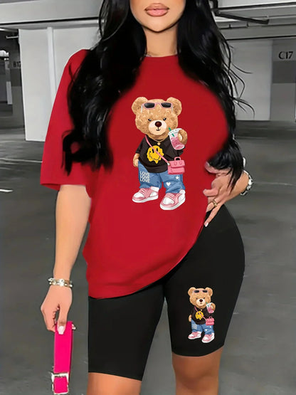 🧸 Cute Teddy Bear Two-Piece Set – Casual T-Shirt & Shorts