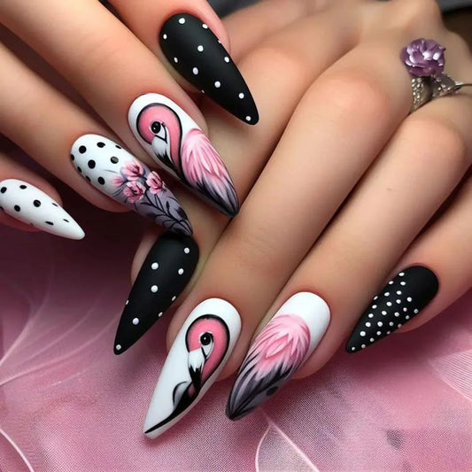 🦩 Flamingo Elegance Press-On Nails – A Bold & Chic Statement! 🖤💗