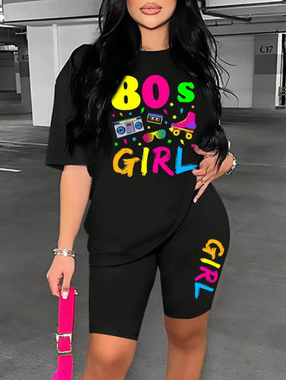 🛼 Retro Vibes Only – 80s Girl Oversized Tee & Shorts Set 🎧✨