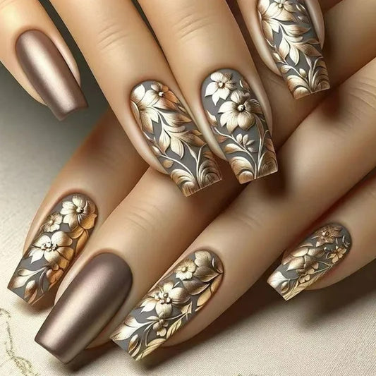 🌟 Luxe Golden Bloom Press-On Nails – Timeless Elegance at Your Fingertips! ✨💛