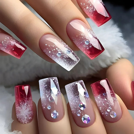 ❄️ Frosted Ruby Elegance Press-On Nails – Winter Wonderland at Your Fingertips! 💎✨