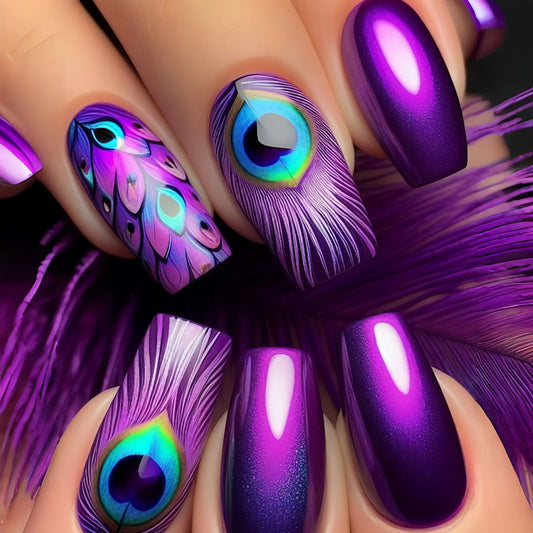 🦚 Peacock Elegance Press-On Nails – Unleash Your Inner Goddess! ✨💜