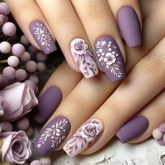 💜 Vintage Blossom Press-On Nails – Elegance in Every Detail! 🌿✨