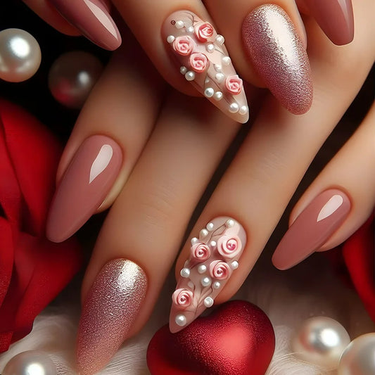 🌹 Elegant Rose & Pearl Press-On Nails – Timeless & Romantic! 💕✨