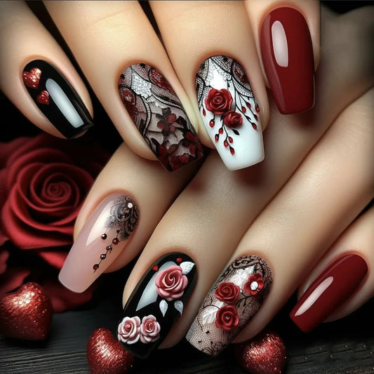 🖤 Seductive Lace & Rose Press-On Nails – A Touch of Romance & Mystery! 🌹✨